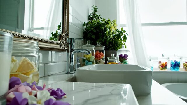 Spa bathroom setting with lit candle. Home interior for relaxation and self-care. Modern wellness and beauty background