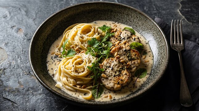 Gourmet Creamy Pasta with Seared Medallions and Pine Nuts