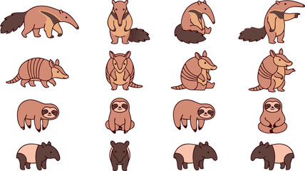 Fototapeta premium Cute South American Wild Animal Cartoon Vector Character Set with Anteater Armadillo Sloth and Tapir for Children Game and Storybook Graphic Designs