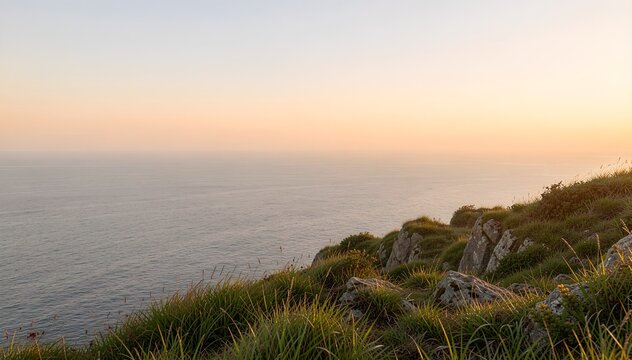 grassy cliff facing ocean during sunset