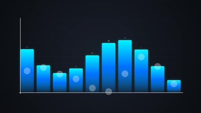 Animated blue bar charts showing financial growth and data statistics on dark background.