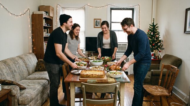 Friends prepare potluck table before guests arrive