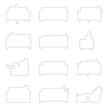 Collection of sofas with seated and reclining people in top view for architectural plans, interior design, furniture layouts and presentation projects.