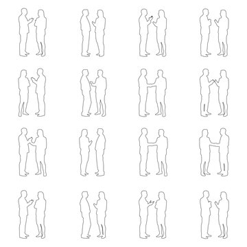 Collection of standing people in conversation and interaction poses, isolated outline figures for architectural plans, interior design and presentation layouts.