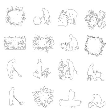 Collection of people gardening with plants, shrubs and flower beds in top view for landscape design, architectural plans and presentation layouts.