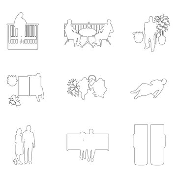 Collection of top view outline figures featuring people, tables, chairs, benches, plants and everyday scenes for architectural plans and interior design presentations.