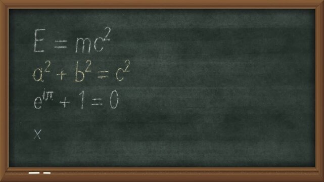 Handwritten physics and math formulas appear in white, cream and blue chalk on a green school blackboard and are wiped away, seamless education loop