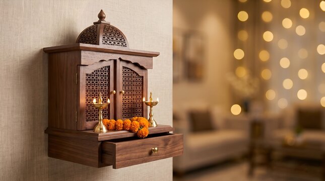 Wooden Pooja Mandir Home Temple with Brass Diya Lamps and Marigold Flowers Wall Mounted
