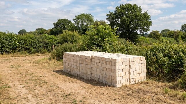 Stack of concrete building blocks in a countryside field under sunny sky