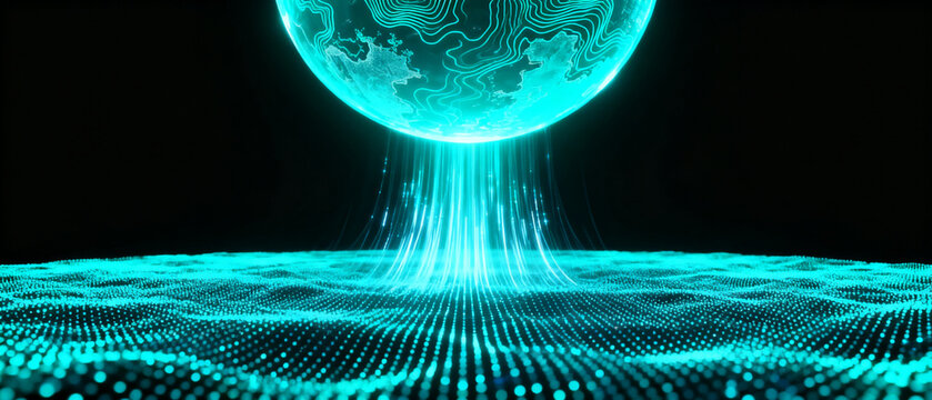 Futuristic digital globe emitting data onto a glowing particle surface