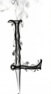 Capital letter L formed by black smoke swirls isolated on white background