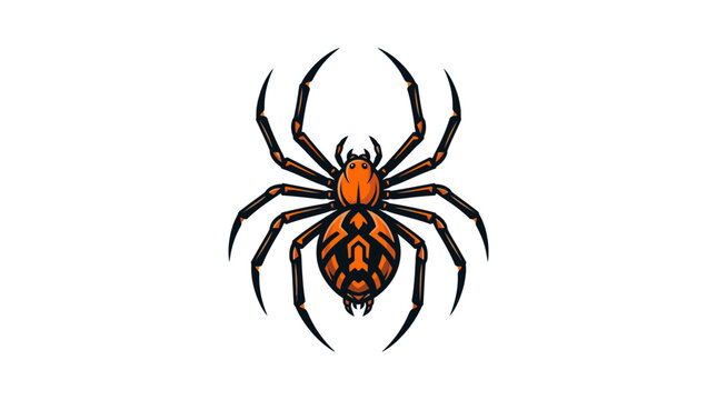 Symmetrical vector illustration of an orange and black spider with detailed geometric patterns on its abdomen, isolated on a white background, suitable for mascot or logo design.