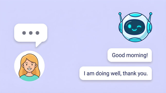 Cartoon illustration of a woman interacting with a friendly AI chatbot, showing a conversation with greetings and responses.