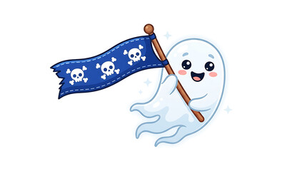 Obraz premium Playful cartoon ghost happily waving a pirate flag with skull and crossbones