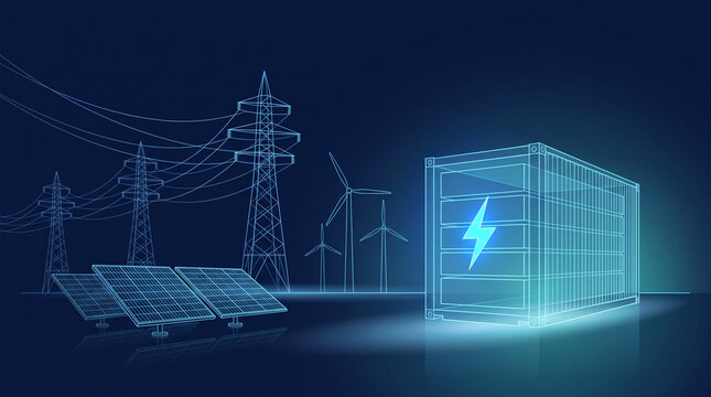 Battery energy storage container with solar panels wind turbines and power lines