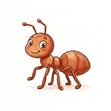 A friendly stylized ant character with large eyes is depicted in a side profile using a soft wax crayon art style on a clean white background, perfect for children's educational materials.