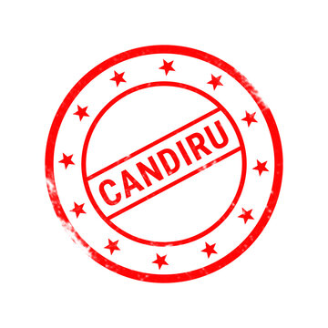 Candiru red rubber stamp icon, weathered circular ink seal with stars, vintage grunge fish name label on white background