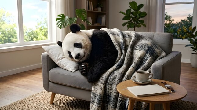 Cozy Sleeping Panda Relaxing on a Sofa in a Bright Home