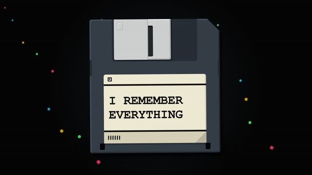 Retro Floppy Disk Graphic with I Remember Everything Text on Black Background Animation