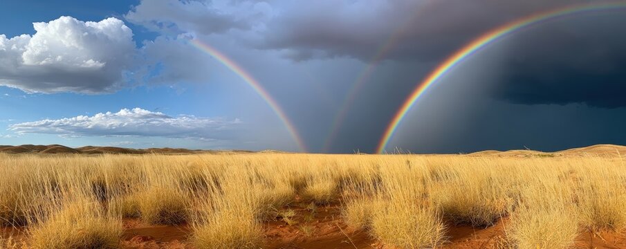 Vibrant double rainbow arches above a vast prairie landscape with dark stormy clouds