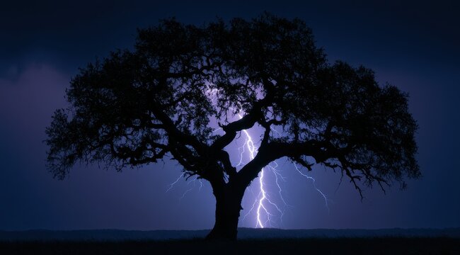 Tree silhouette with bright lightning bolt striking through branches during a dark night storm