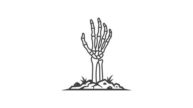 Minimalist black line art illustration of a skeletal human hand reaching upward from a mound of rocks and dirt, isolated on a white background for Halloween or horror design concepts.