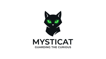 Obraz premium Minimalist black cat logo with glowing neon green eyes and text MYSTICAT GUARDING THE CURIOUS on white background, stylized feline mascot vector illustration for brand identity.