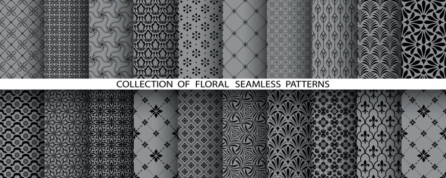 Geometric floral set of seamless patterns. Gray and black vector backgrounds. Damask graphic ornaments