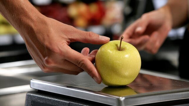 Hands placing a single green apple on digital weighing scale at supermarket produce section for price measurement