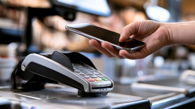 Hand holding smartphone over contactless payment terminal making NFC mobile payment at retail store checkout