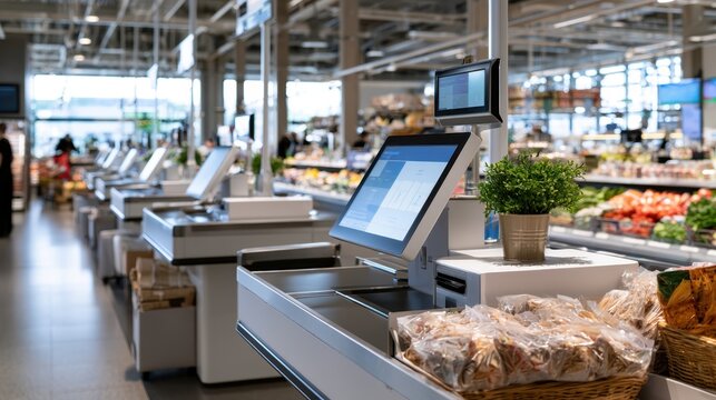 Modern supermarket self checkout counters with touchscreen terminals and fresh produce section visible in background