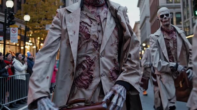 Zombie figures march down city street during Halloween parade. The zombie figures wear light suits and carry bags. Ideal for themes of Halloween, horror, and street festivals.