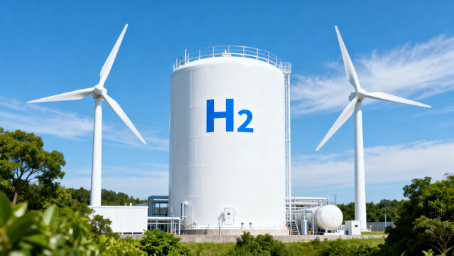 Hydrogen storage tank with H2 logo next to wind turbines under blue sky
