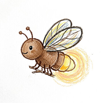 This whimsical wax crayon illustration features a single cute brown firefly with a bright glowing yellow tail, captured in a side view on a clean white background for a charming storybook aesthetic.
