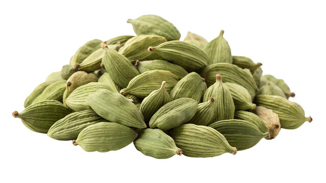 Whole Green Cardamom Pods Pile Dried Spice Isolated on White Background