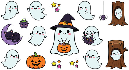 Fototapeta premium Cute Halloween Ghost Icon Set Featuring Witch Ghost, Pumpkin, Spider, Black Cat, Haunted Tree, Magic Stars, and Spooky Cartoon Characters