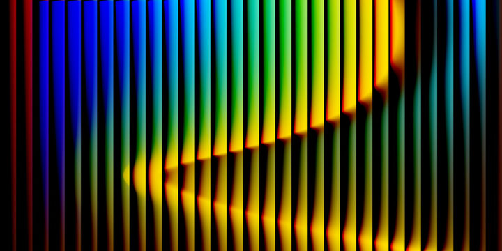 Abstract vertical stripe pattern displaying colorful spectral gradients of blue green yellow and red in a wave transition.