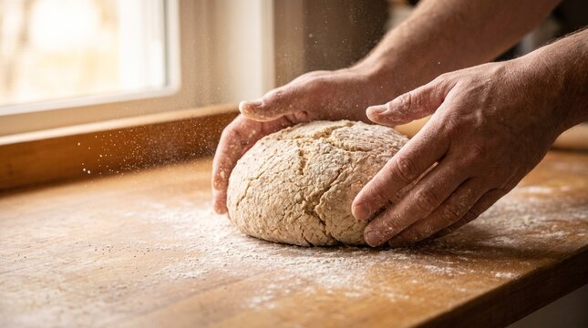 Close-up of male hands kneading fresh raw bread dough with flour dust on rustic wooden table background