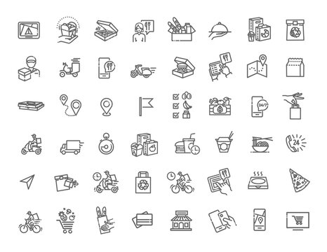 Food Delivery and Takeaway Line Icons Set