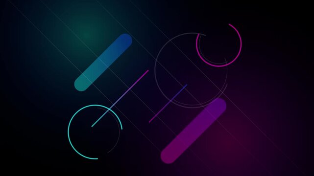 Abstract motion graphic shapes floating on dark background.