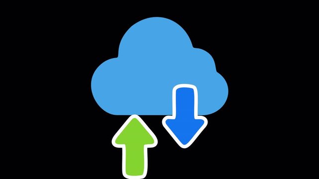 Blue Cloud Icon Vector Illustration on Dark Background with Green Upload and Blue Download Arrows for Cloud Computing and Data Transfer
