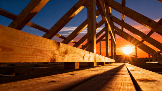 Wooden roof trusses of a house under construction at sunset