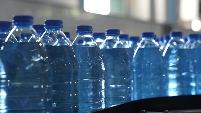 Close-Up of Plastic Bottled Water in Factory Production