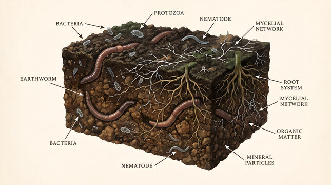 Soil cross section with earthworms