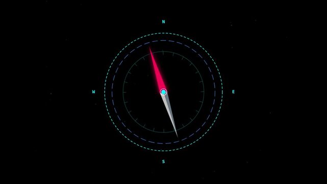 Minimalist futuristic compass rotating on dark starry space.