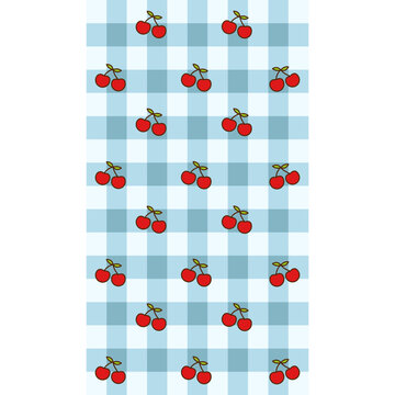 Cute Cherry Pattern on Blue Gingham Plaid Background