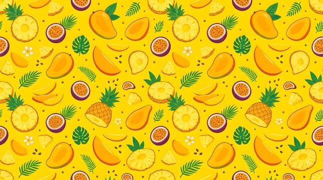 Seamless Vibrant Tropical Fruit Pattern with Pineapple and Mango on Yellow