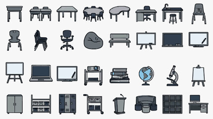 Comprehensive collection of school and office furniture and equipment icons © Ale