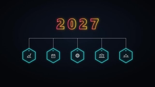 2027 future technology roadmap infographic with neon ai and data visualization timeline