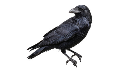 Fototapeta premium A detailed studio portrait of a black raven perched against a pure white background